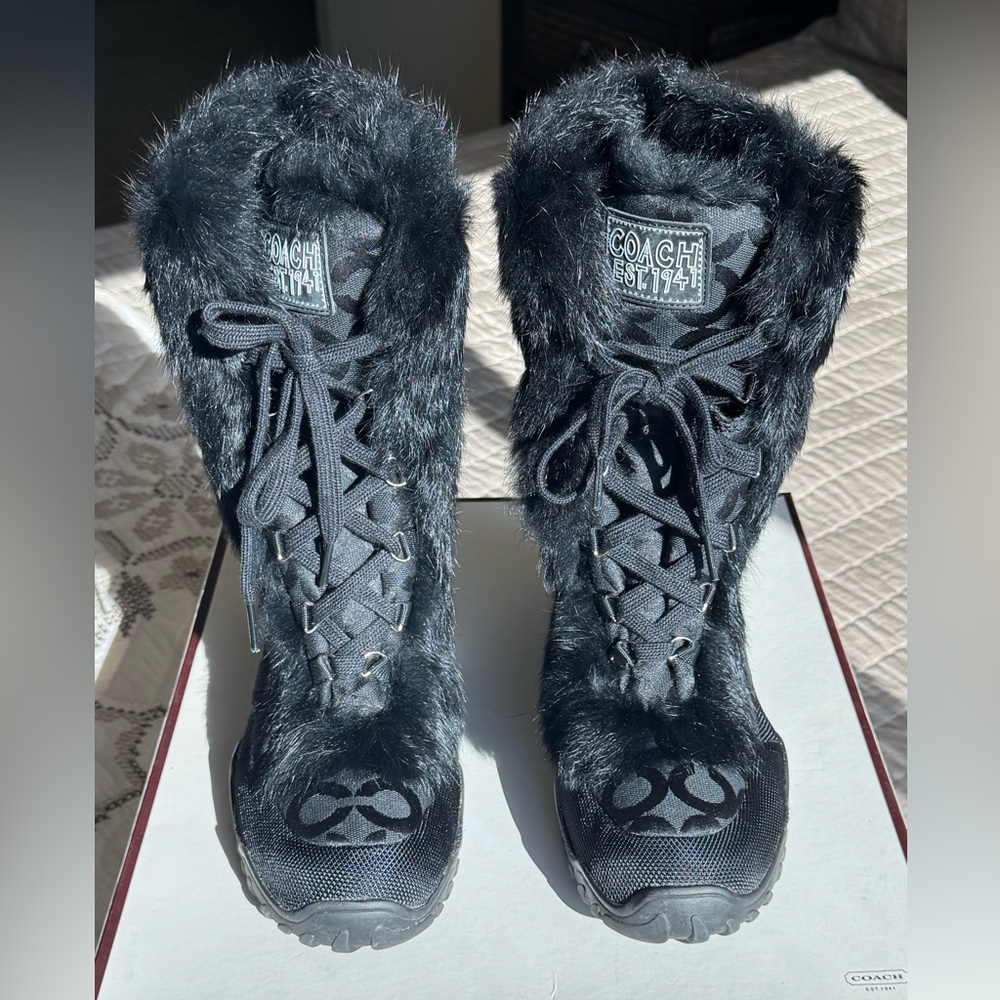 JENNIE Coach Women's Black Rabbit Fur Winter Boots